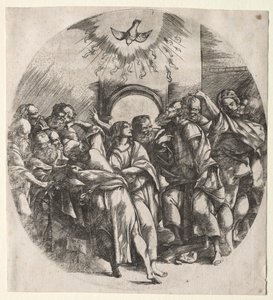 Pyhän hengen laskeutuminen, 1518. tekijältä Domenico Campagnola