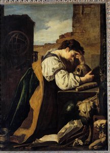 Melankolia Surullinen nuori nainen kumartuu kallon pään yli, käsivarsipallo takanaan. Domenico Fetin (1589-1624) maalaus (Turhamaisuus) Sun. 1,71 x 1,28 m. tekijältä Domenico Feti