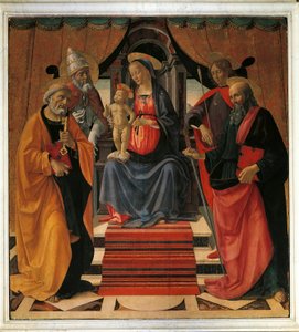 Pyhä keskustelu. Neitsyt Maria ja Jeesus Kristus Pyhän Pietarin, Pyhän Paavalin, Pyhän Sebastianin ja paavi Pyhän Klemensin ympäröimänä (maalaus tekijältä Domenico Ghirlandaio