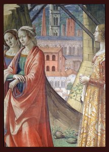 Vierailu, yksityiskohta kaupungista ja naisista, Johannes Kastajan elämästä, 1490, fresko yksityiskohta 60461:stä tekijältä Domenico Ghirlandaio