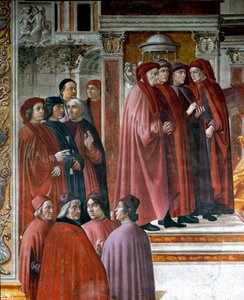 Sakariassa (Zaccharia) tehty ilmoitus Alla vasemmalla ovat ajattelijat ja älymystöt Marsile Ficin (Ficino), Cristoforo Landino, Angelo Poliziano ja Demetrios Chalkondyles (Calcondila). Yksityiskohta. Fresko Domenico di Tommaso Bigordi dit Ghirlandaio (14 tekijältä Domenico Ghirlandaio