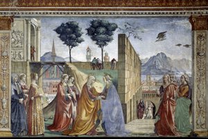 Johannes Kastajan tarina: Vierailu. Domenico Ghirlandaion (1449-1494) fresko.