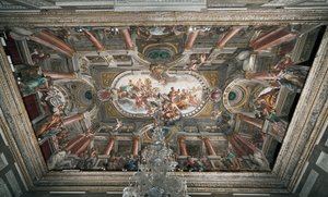 Tarjous Jupiterille Januksen temppelin (tai rauhan allegorian) avaimista, jalokerroksen kattoa, noin 1665 (fresko)