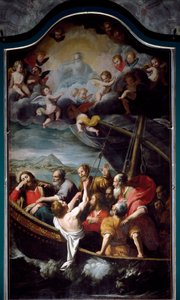 Pyhä Nikolaus rauhoittaa myrskyn. Domenico Fiasella dit il Sarzanan (1589-1669) maalaus Sestri Ponente, Santa Maria dell