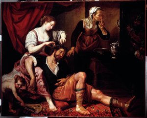 Samson ja Dalila (Samson ja Delilah) Domenico Fiasella dit il Sarzanan (1589-1669) maalaus 1600-luvulta Genes, Musei di Strada Nuova (entinen Palazzo Bianco)