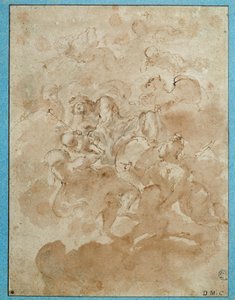 Jupiter uskoo Bacchuksen Mercure Drawingin ruskealla pesulla ja verellä, jonka on kirjoittanut Domenico Canuti (1620-1684) Paris. Louvren taidemuseo
