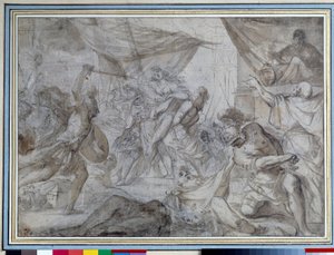 Sotilaat sieppasivat kuningattaren ja kantoivat hänet laivassa. Piirustus Domenico Canuti (1620-1684) 1600-luvun Pariisi. Louvren taidemuseo
