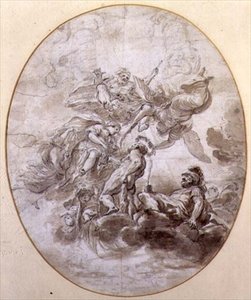 The Apotheosis of Hercules, suunnittelu palazzo Pepolin kattofreskoon Bolognaan (kynä & muste ja seepiapesu paperille)