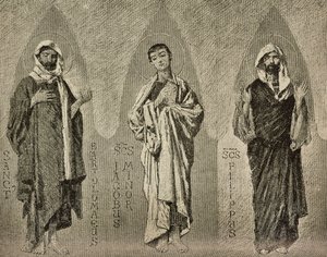 Pyhät Bartolomeus, Jaakob Pienempi ja Philip, Domenico Morellin sarjakuvat mosaiikille Amalfin katedraalissa Italiassa, piirros P Scoppetta, kaiverrus L