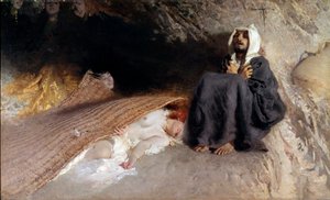 Pyhän Antoniuksen kiusaus Erakko Pyhä Antonius Suuri (251-356) joutuu Paholaisen kiusauksiin nuorten naisten muodossa erämaassa. Domenico Morellin (1826-1901) maalaus Sun. 137x225 cm Rooma, Galleria by Arte Moderna
