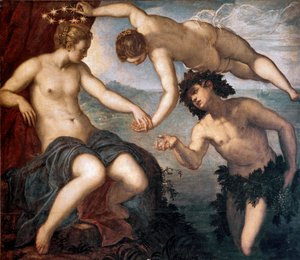 Bacchus, Venus ja Ariane maalaus Tintoretto tai Tintoret (Jacopo Robusti) (1518-1594) 1577-1580 Su. 146x167 cm Antiopiston laatta, Dogen palatsi, Venetsia