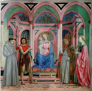 Santa Lucia dei Magnolin alttaritaulu: Madonna ja lapsi Pyhän Lucian, Saint Francoisin, Johannes Kastajan ja Pyhän Zanobin (Zenobie) Detrempen kanssa Domenico Venezianon (Domenico di Bartolomeo) puulla (1400-luvun alku-1461) n. 1455. Aurinko. 209x213 c