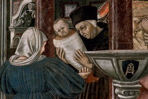 Sairaalan historia: ""Näkymä Santa Maria della scalan orpokodista Sienassa"" nuoren orvon häät. Yksityiskohta, joka edustaa orvon hylkäämistä syntymän yhteydessä. Domenico di Bartolon fresko (1400/1404-1445/47) Pyhiinvaeltajien salissa