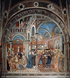 Näkymä Santa Maria della Scalan orpokodista Sienassa Vasemmalla lastenhoitajat hoitavat hylättyjä lapsia, oikealla raskaana oleva nainen, joka on pakotettu naimisiin. Domenico di Bartolon fresko (toimii vuosina 1428-1447) Spedale di Santa Maria del