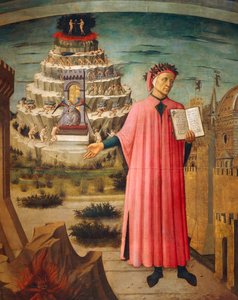 Dante Alighieri, jumalallinen näytelmä kädessään ja kiirastulivuoret taustalla, yksityiskohta jumalallisesta komediasta, kirjoittanut Dante Alighieri (1265-1321), kirjoittanut Domenico di Michelino (1417-1491), fresko, Pyhän Marian Flowerin basilika, Firen