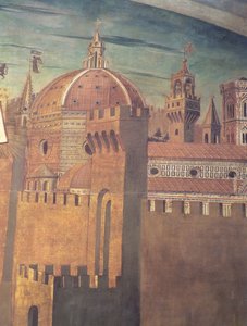 Yksityiskohta Firenzen katedraalia kuvaavasta freskosta, joka esittää Dantea ja Divinia Commediaa pohjoisessa käytävässä, 1465 fresko yksityiskohta 42355:stä tekijältä Domenico di Michelino
