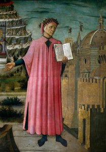 Italialainen runoilija Dante Alighieri (1265-1321) esittelee teoksensa La divine comedie ”(Jumallinen komedia)”. Yksityiskohta. Fresko Domenico di Michelino (1417-1491), Cathedrale Santa Maria del Fiore, Firenze. (Duomo, Firenze) Italia