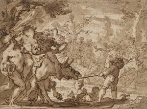 Bacchuksen voitto, n. 1642-1703 (kynä ja ruskea muste ja pesu punaisella liidulla levitetylle paperille)