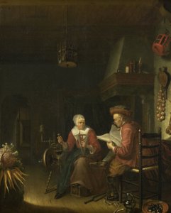Sisustus, jossa mies lukee ja nainen kehruu lankaa tekijältä Domenicus van Tol