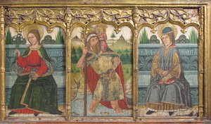 Predella-ruutu, jossa Saint Bridget, Saint Christopher ja Saint Kilian Retablesta, 1400-luku.