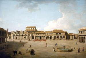Havannan aukio (Kuuba), elo-syyskuu 1762, brittiläisen miehityksen aikana, joukko punapukuisia sotilaita, rakennusten kuvaus ja englantilaisia merimiehiä suihkulähteen lähellä. tekijältä Dominic Serres