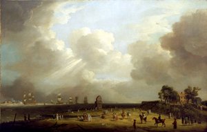 Prinsessa Charlotten (1766-1828) saapuminen Harwichiin syyskuussa 1761. Öljy kankaalle tekijältä Dominic Serres