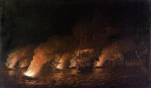 Seitsemän vuoden sota (1756-1763): Ranskalaisten sota-alukset hyökkäävät brittilaivastoa vastaan Quebec Cityn (Kanada) edustalla yöllä 28. kesäkuuta 1759. tekijältä Dominic Serres