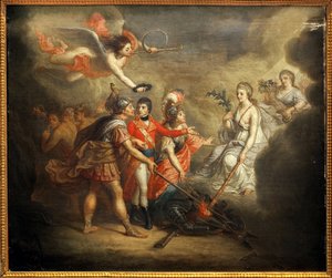 Amiensin rauha. Traite allekirjoitti 25. maaliskuuta 1802 Yhdistyneen kuningaskunnan ja sen liittolaisten Ottomaanien valtakunnan ja toisaalta Ranskan, Espanjan ja Hollannin välillä. Maalaus kuvaa Napoleon I Bonapartea, jonka kruunaa trumpettia soittava en