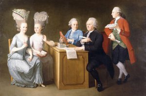 Ryhmämuotokuva monsieur Le Roysta kahden tyttärensä ja kahden poikansa kanssa istumassa täyspitkänä pöydän ääressä, 1779