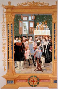 Etienne Leblanc (1490-1565) esittelee Anne de Montmorencylle (1493-1567) käännöksensä Ciceronin puheesta (1531) - Pietarissa (Venäjä) säilytetty kopio etulevystä, Dominique Henri Guifardin (1838-1913) guassi. , 1800-luvun loppu - C tekijältä Dominique Henri Guifard