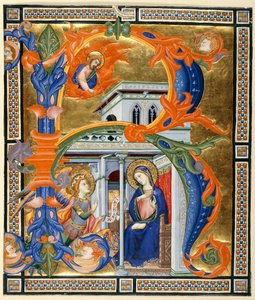 Lisää lunta. 35254 C, alkukirjain "R", joka näyttää Annunciation, teoksesta "Gradual of St. Mary of the Angels", n. 1375 (vellum)