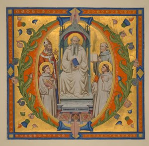 Lisätä. 37472 f.3: Leikkaus Gradualista, historiallisella alkukirjaimella "O"; Romauldista valtaistuimella piispapyhimys (luultavasti Augustinus) ja luostaripyhät John Gualbert (ylhäällä oikealla), Maurus ja Placidus kamaldolilaisissa tavoissa, n. 1371-74 