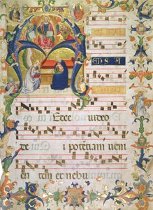 Montoliveton luostarista peräisin olevan kuorokirjan etupuoli, n. 1390 (muste guassi ja kulta pergamentilla)