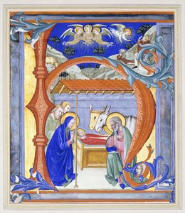 Valaistu historiallinen alkukirjain "N", joka kuvaa syntymäkohtausta, 1410