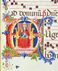 Ms 572 f.125r Historioitu alkukirjain "E", joka kuvaa Pyhän Pietarin Rooman ensimmäisenä piispana Santa Maria del Carmine -antifonista