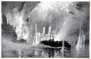 Moottori laukaisee lohkolaivojen miehistöjä Zeebruggessa, kuva Gordon S. Maxwellin teoksesta "The Naval Front", 1920