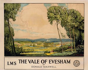 The Vale of Evesham, Lontoon, Midlandin ja Scottish Railwayn mainosjuliste (värilitho) tekijältä Donald Maxwell