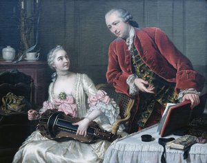 Muotokuva monsieur ja rouva de Corcellesista soittamassa musiikkia sisätiloissa