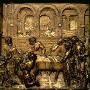 Herodeksen juhla, Johannes Kastajan elämää kuvaavasta reliefisarjasta, joka on sijoitettu kuusikulmaiseen kastemaljaan, 1417-30 (kullattu pronssi).