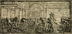 Ahneen miehen sydämen ihme, Pyhän Antoniuksen alttari, Donatellon pronssireliefi, Padovan Pyhän Antoniuksen basilika, Padova, Veneto, Italia, puupiirros teoksesta Le cento citta d