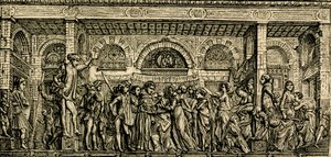 Vastasyntyneen puhuvan lapsen ihme, Pyhän Antoniuksen alttari, Donatellon pronssireliefi, Padovan Pyhän Antoniuksen basilika, Padova, Veneto, Italia, puupiirros teoksesta Le cento citta d
