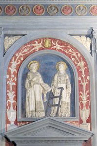 St. Lawrence ja St. Stephen, matala kohokuvioinen veistos pohjoisoven yläpuolella, n. 1440 (terrakotta) tekijältä Donatello