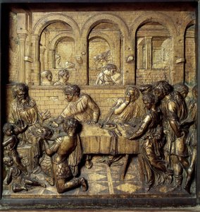 Herode Antipas II:n (21 eKr.-39 jKr.) juhla. Yksityiskohta Donato di Niccolo di Betto Bardi dit Donatellon (1386-1466) toteuttamasta kastealtaan alemmasta kohokuviosta