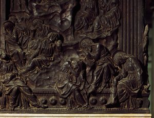 Jumalanpalvelus puutarhassa, yksityiskohta vasemmasta saarnatuolista, kirjoittanut Donatello (1386-1466), Basilica of St Lawrence, Firenze, Italia tekijältä Donatello