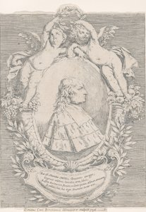 Giovanni Girolamo Sbaraglian muotokuva soikeassa, jota reunustavat kaksi puttia runsaudensarvi..., 1716. tekijältä Donato Creti