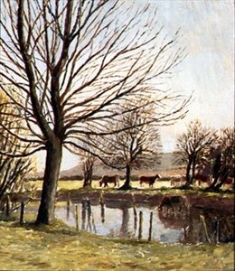 Karja lammen rannalla (öljy kankaalle) tekijältä Dora Carrington