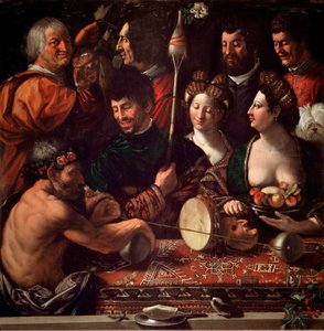 Bambocciata (burleskimaalaus). Noituus tai allegoria Herkulesesta. Giovanni Luteri dit Dosso Dossi (n. 1479-1542) maalaus. 1500-luvun aurinko. 143x144 cm Galleria degli Uffizi (toimistot), Firenze, Italia.