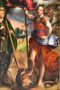 Madonna Jeesus-lapsen ja Pyhän Yrjön sekä Pyhän Arkkienkeli Mikaelin kanssa, yksityiskohta numerosta 2384617, n. 1518 (öljy paneelissa) tekijältä Dosso Dossi