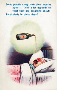 Alkoholismi: mies nukkuu suu auki ja haaveilee oluesta (värilitografia).