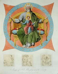 Kaikkivaltiaan Jumalan ja Kolminaisuuden kuvat Moskovan Neitsyt Marian taivaaseenastumisen katedraalista, levy 14 teoksesta "The Character of the Russians and a Detailed History of Moscow", julkaistu 1823 (väriakatintta). tekijältä Dr. Robert Lyall